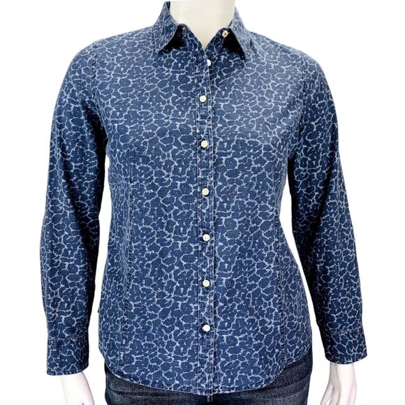 Talbots Womens Chambray Shirt Button Front Blue Animal Print Roll Sleeve Size 14 - Picture 2 of 12